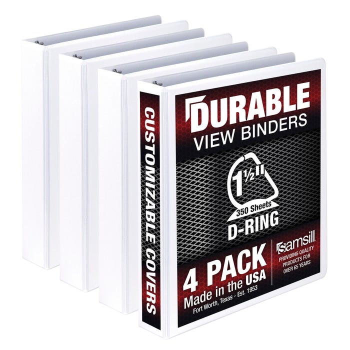 Samsill Durable View Binders, D-Ring, 1-1/2 Inches, White, Pack of 4