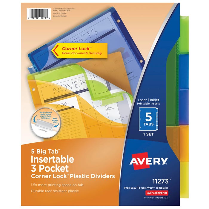 Avery Big Tab Three Pocket Plastic Insertable Dividers For Laser and Inkjet Printers, 5 Tab, Multicolor