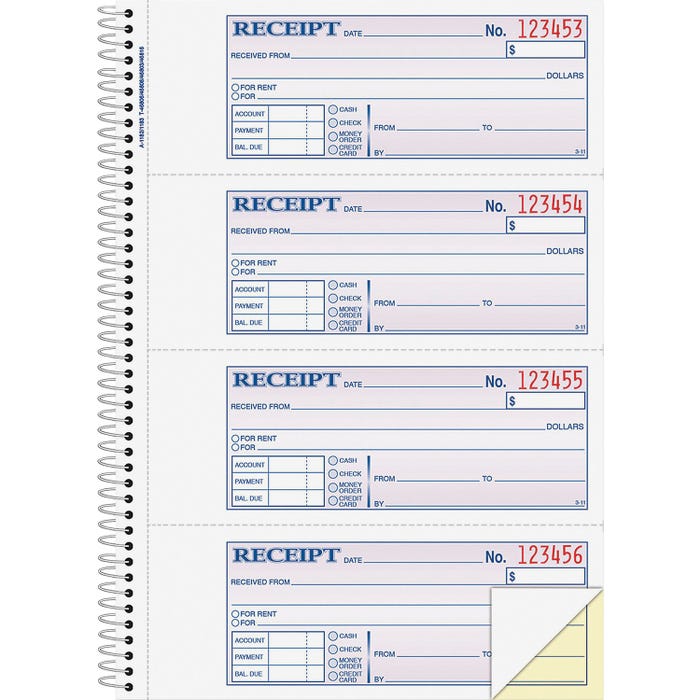 Adam 2 Parts Carbonless Spiral Bound Money/Rent Receipt Book, 11 X 7-5/8 in, White/Canary, Pack of 200