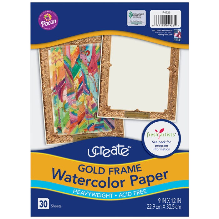 Ucreate Gold Frame Watercolor Paper, 9 x 12 Inches, 30 Sheets