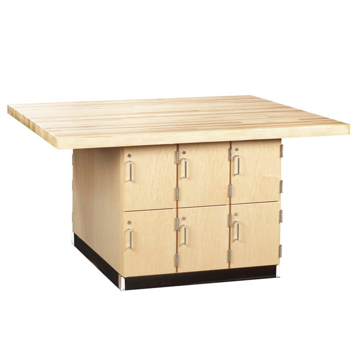 Diversified Spaces Forum Fixed Four-Student Workbench, 12 Lockers, 64 x 54 x 33-1/4 Inches, Maple