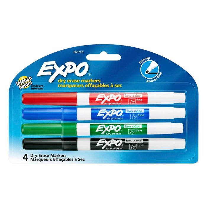 EXPO Low Odor Dry Erase Markers, Fine Tip, Assorted Colors, Set of 4