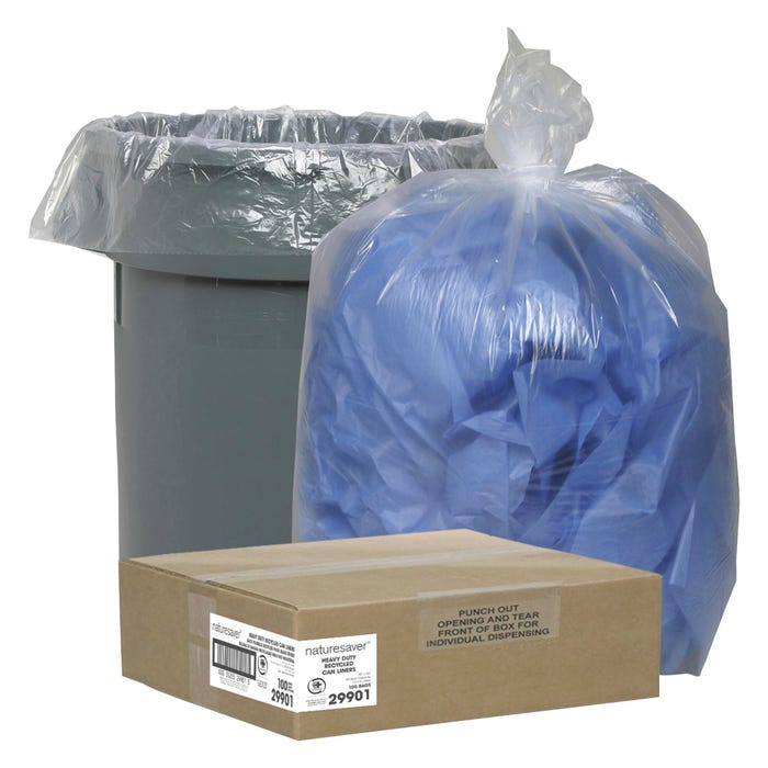 Nature Saver Low Density Recycled Can Liners, 45 Gallon, 1.50 mil, Clear, 100 Count Box