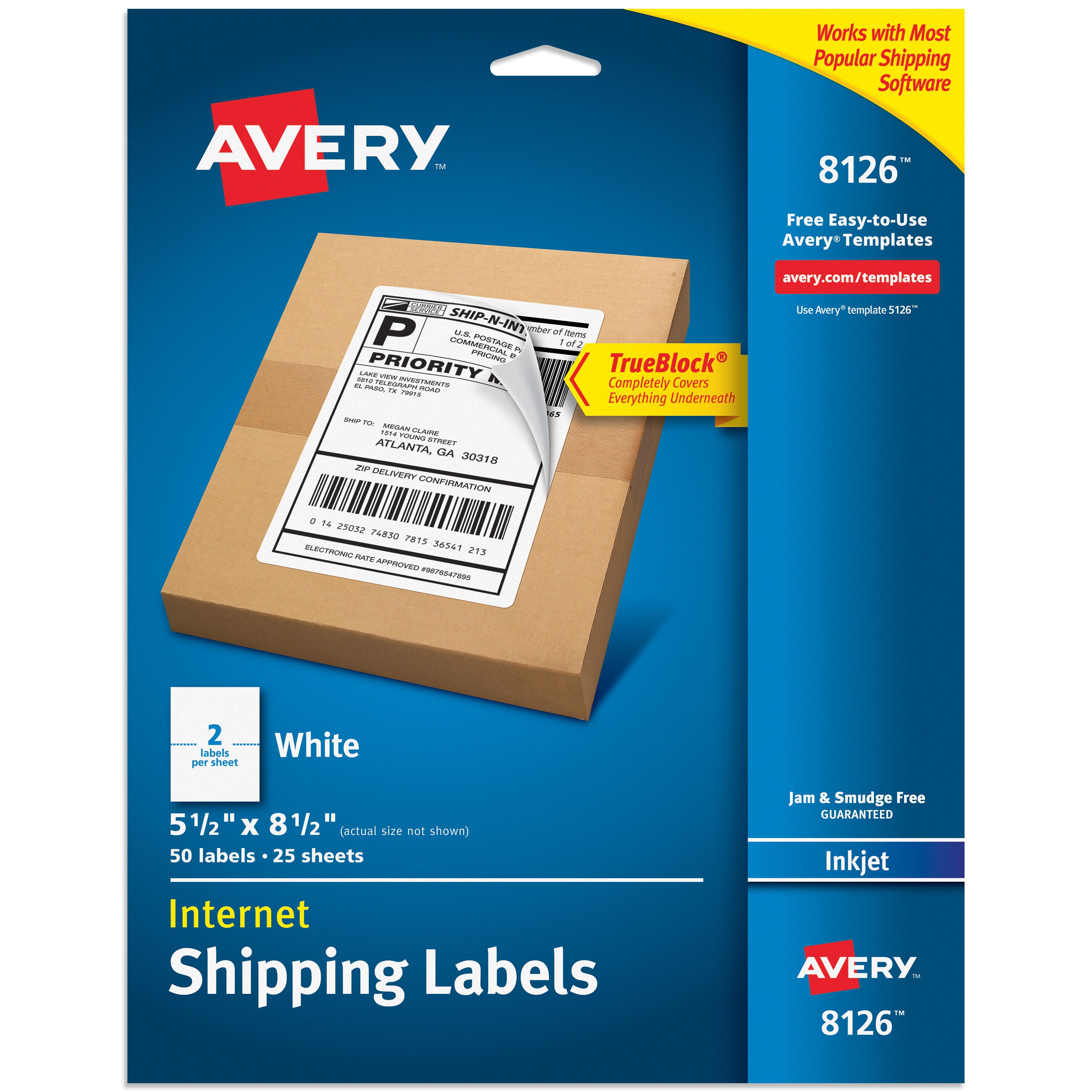Avery TrueBlock Shipping Labels, Inkjet, 5-1/2 x 8-1/2 Inches, White, Pack of 50 1308300