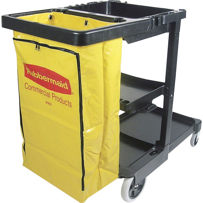 Rubbermaid Janitor Cart with Zipper Vinyl Bag, 21-3/4 X 46 X 38-3/8 in, 32 gal, Black/Gray