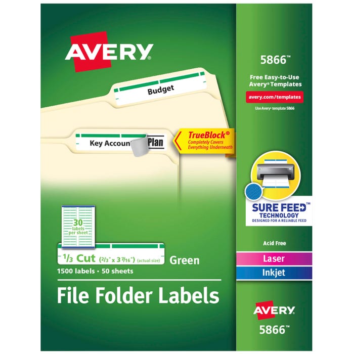 Avery Printable File Folder Labels, 2/3 x 3-7/16 Inches, Green, Pack of 1500