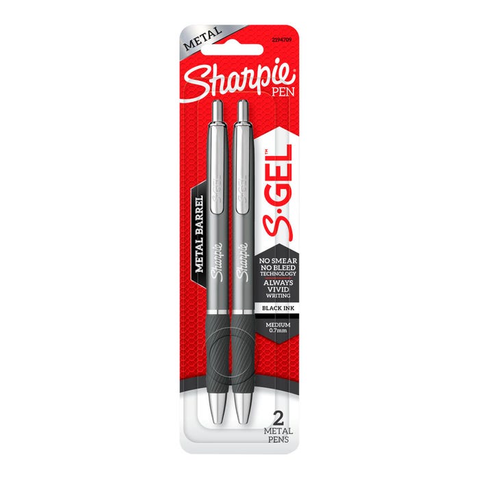 Sharpie S-Gel Pens, Medium Point, 0.7mm, Gunmetal Grey Metal Barrel, Black Ink, Set of 2