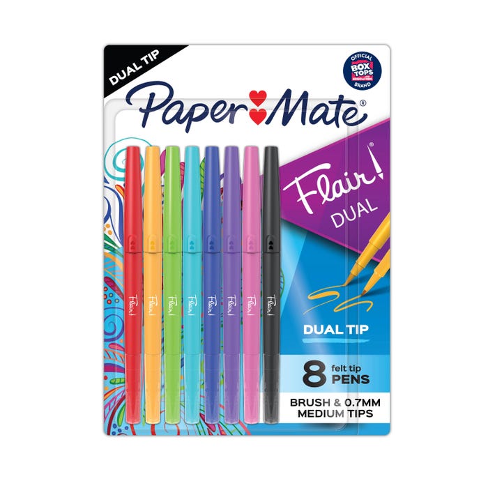Paper Mate Flair DUAL Pens, Brush and Medium Tips, 0.7 mm, Assorted Colors, Set of 8