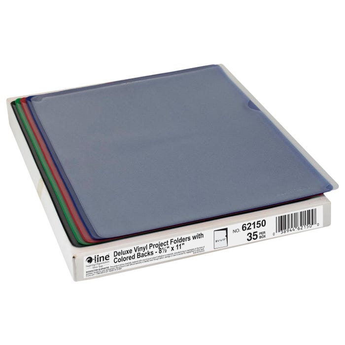 C-Line Deluxe Vinyl Project Folders With Colored Backs, 8 1/2 x 11 Inches, Assorted Colors, Box of 35
