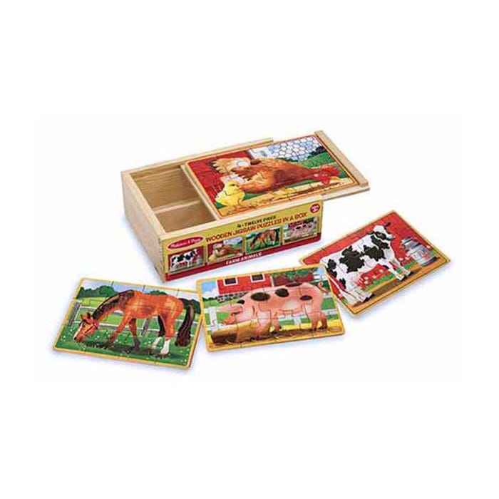 Melissa & Doug Wooden Farm Animals Puzzles in a Box, 4 Puzzles with 12 Pieces Each