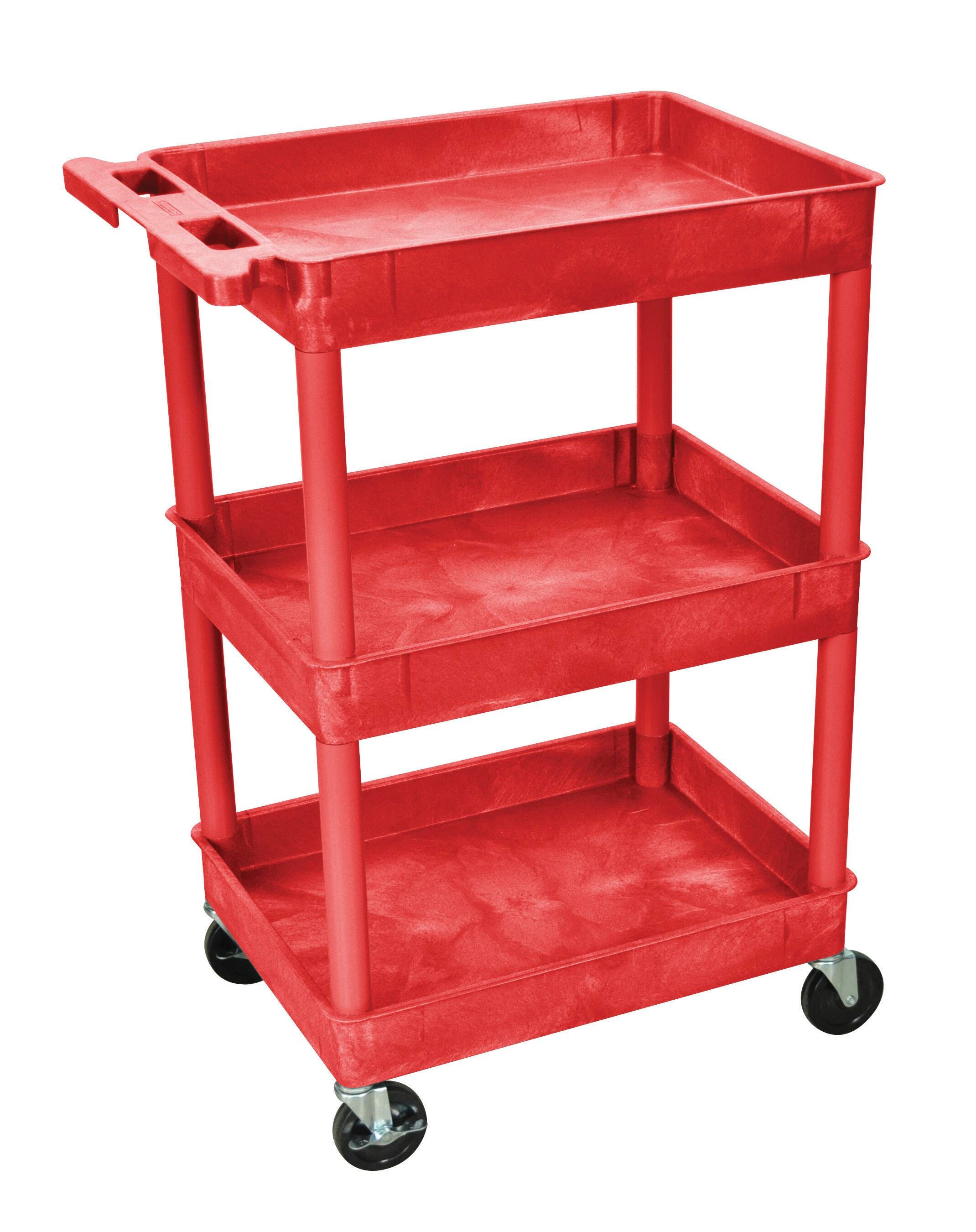 Luxor H Wilson 3-Shelves Multi-Purpose Utility Tub Cart, 24 x 18 x 39-1/4 Inches, HDPE, Red, 4 Wheel 1399662