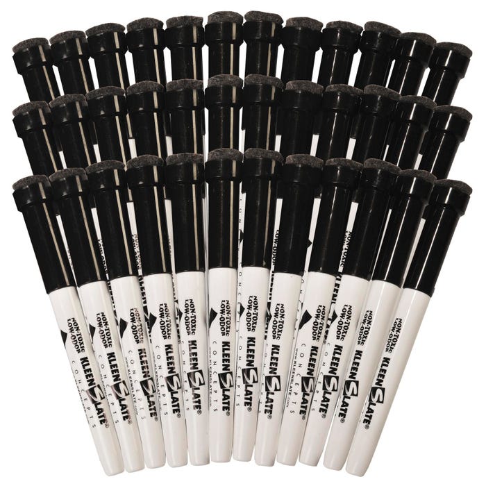 KleenSlate Dry Erase Markers with Erasers, Black, Pack of 36