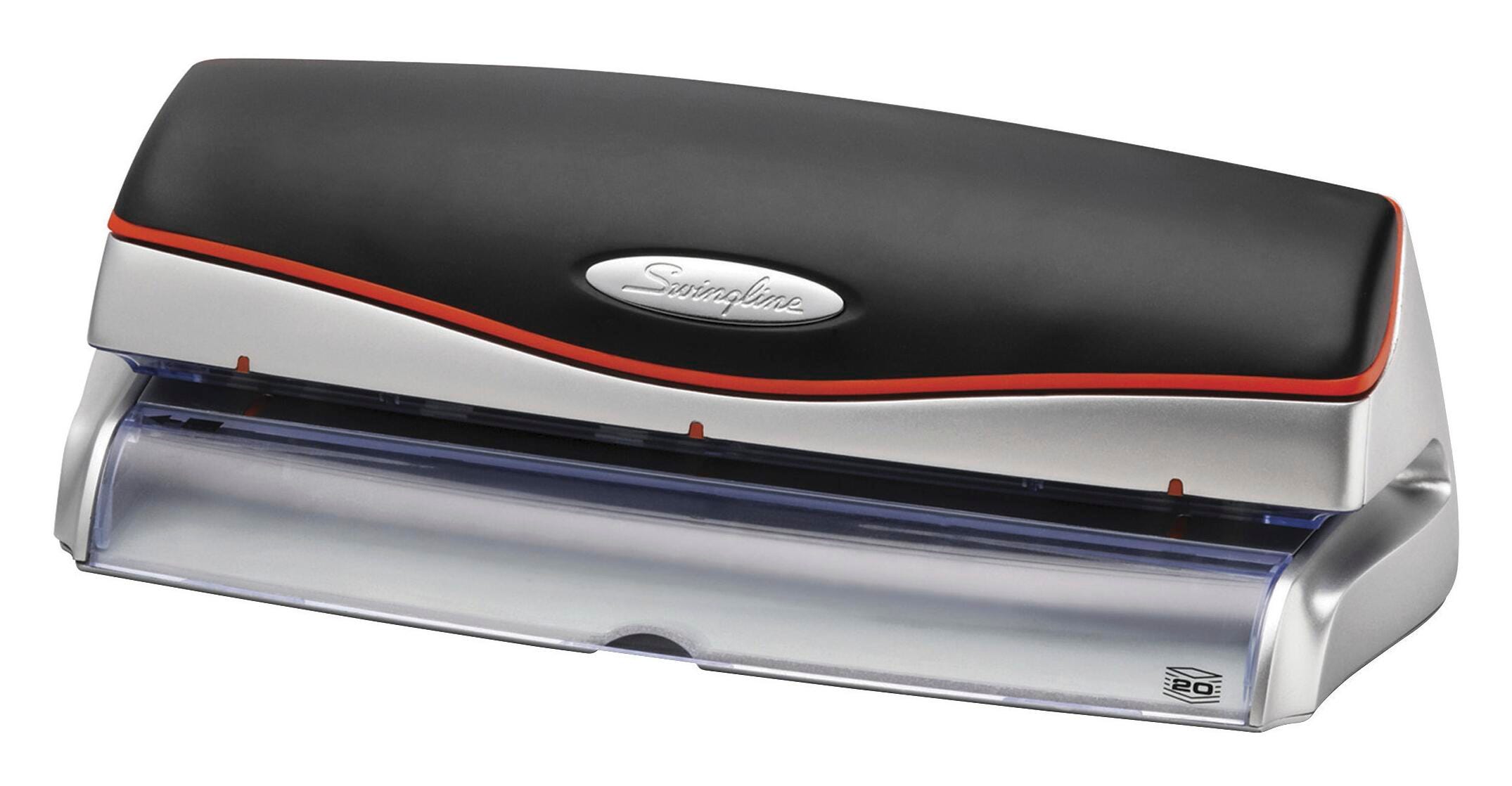 Swingline Optima 20 3-Hole Automatic Reverse Electric Punch, 9/32 in, 20 Sheets, Black/Silver, Item Number 1378513