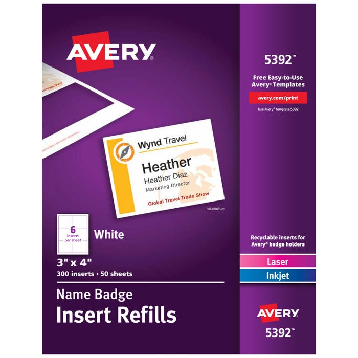 Avery Name Badge Insert Refills, 3 x 4 Inches, White, Pack of 300