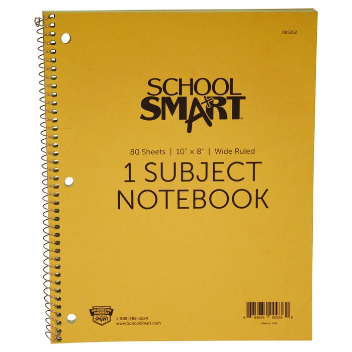 School Smart Spiral Non-Perforated 1 Subject Wide Ruled Notebook, 10 x 8 Inches