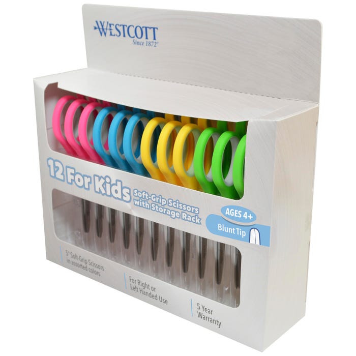 Westcott Soft Grip Kid Scissors, Blunt Tip, 5 Inches, Assorted Colors, Set of 12