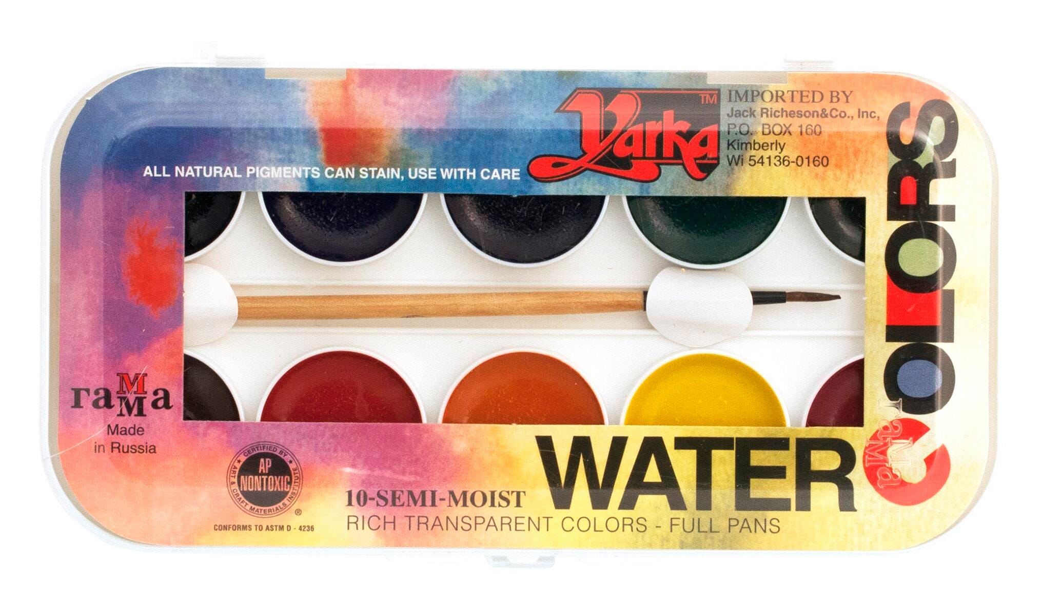 Image for Yarka Non-Toxic Semi-Moist Students Watercolor Paint Set with Brush, Plastic Full Pan, 10 Assorted Brilliant Colors from School Specialty