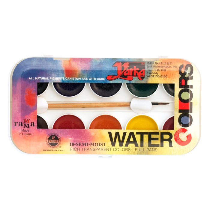 Yarka Non-Toxic Semi-Moist Students Watercolor Paint Set with Brush, Plastic Full Pan, 10 Assorted Brilliant Colors