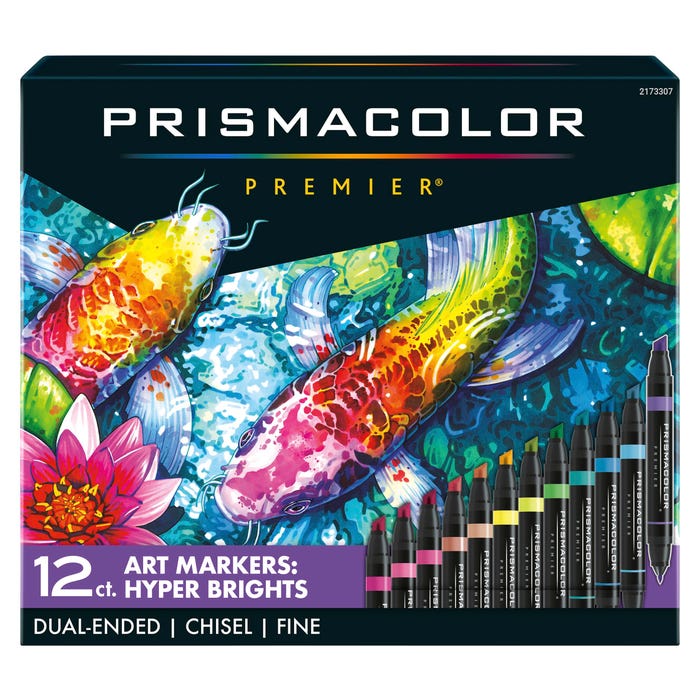 Prismacolor Premier Dual Ended Art Markers, Fine & Chisel Tip, Assorted Hyper Bright Colors, Set of 12