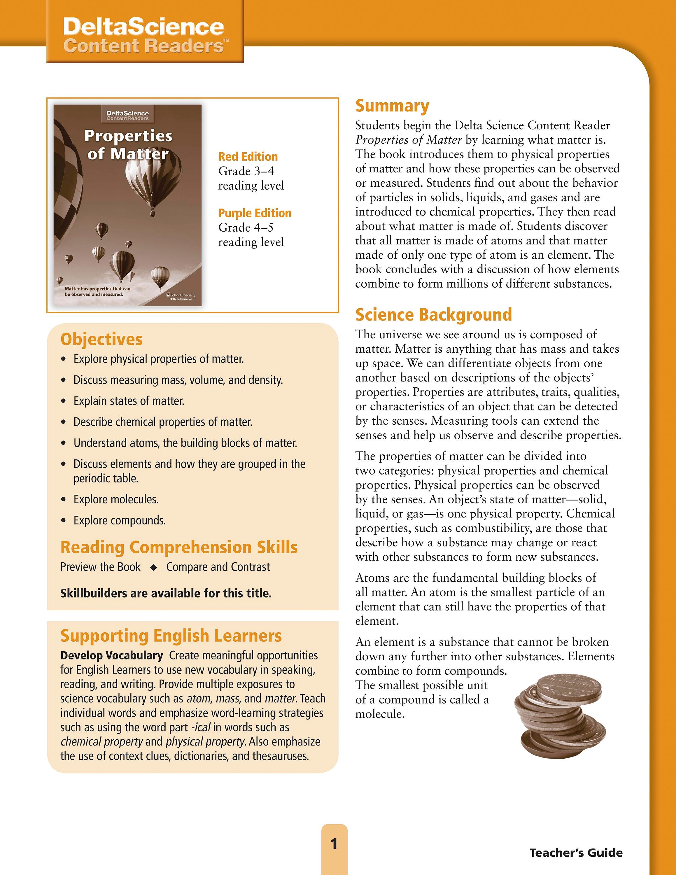 Delta Science Content Readers Properties of Matter Red and Purple Teacher's Guide, Item Number 1278139