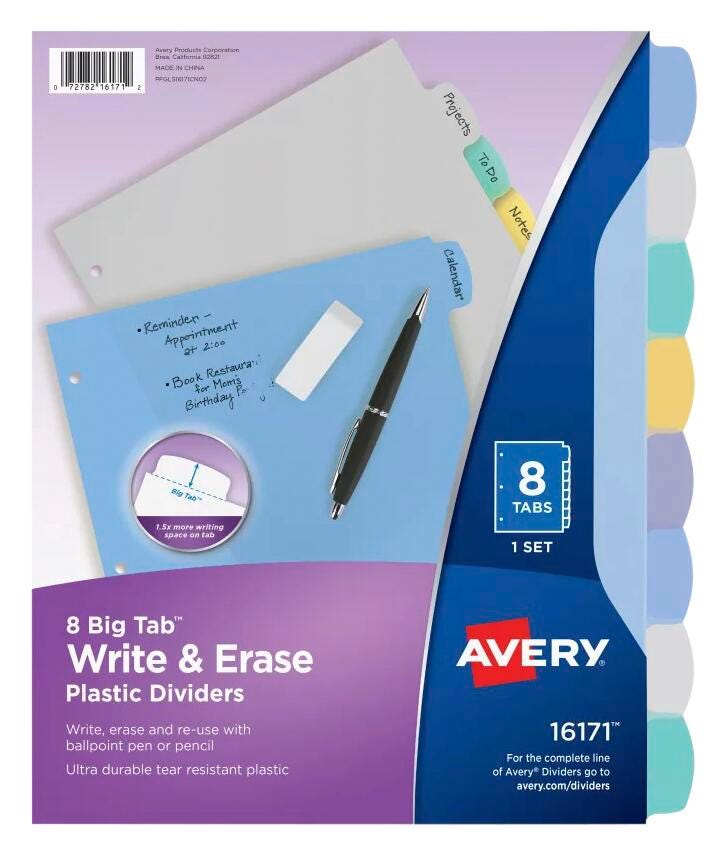Avery Big Tab Write & Erase Dividers, 8 Tab, Multi-Color 2010289