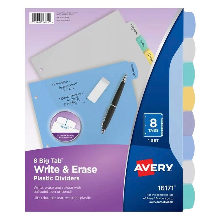 Avery Big Tab Write & Erase Dividers, 8 Tab, Multi-Color