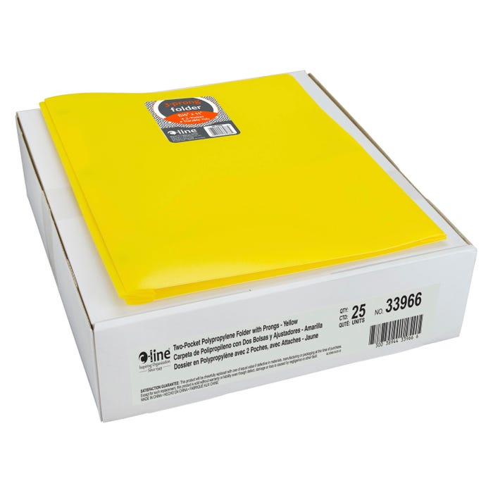 C-Line 2-Pocket Poly Portfolio with Prongs, Yellow, Pack of 25