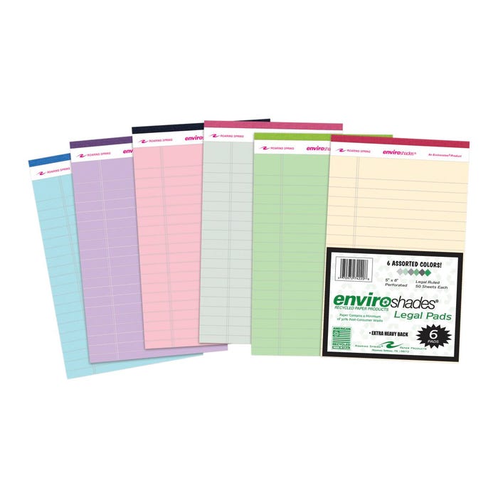 Enviroshades Recycled Legal Pads, 5 x 8 Inches, Assorted Colors, 50 Sheets, Pack of 6