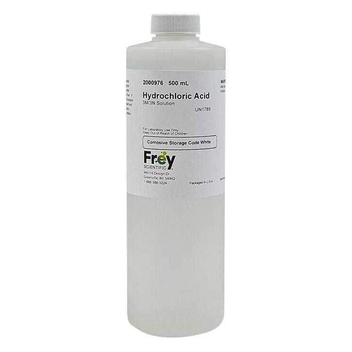 Frey Scientific Hydrochloric Acid, 3.0M Solution, Lab Grade, 500mL