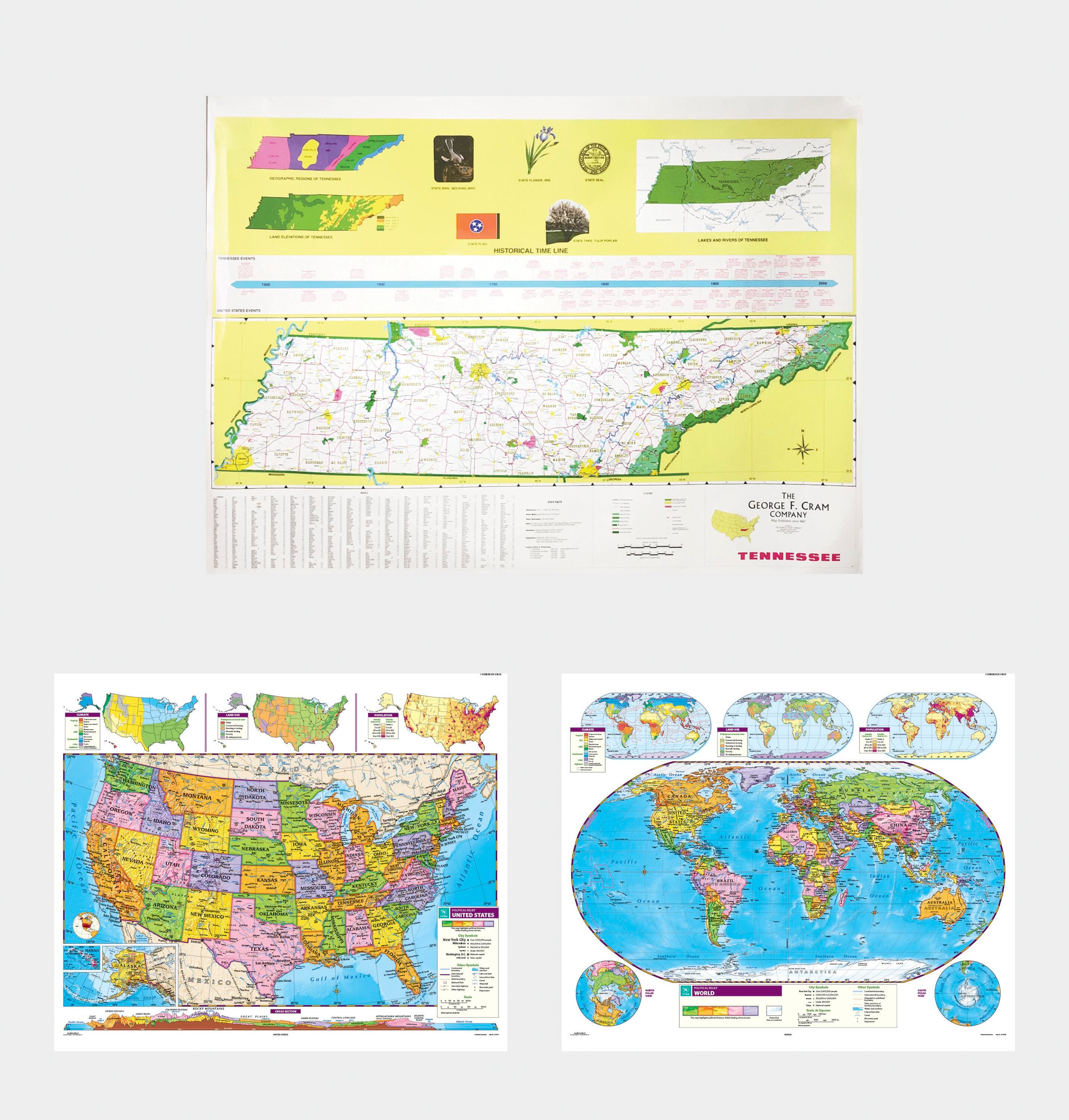Social Studies TENNESSEE/U.S./WORLD MAP COMBO, Markable, Erasable, Grades 4-12, Item Number 1566327