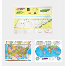 Social Studies TENNESSEE/U.S./WORLD MAP COMBO, Markable, Erasable, Grades 4-12, Item Number 1566327