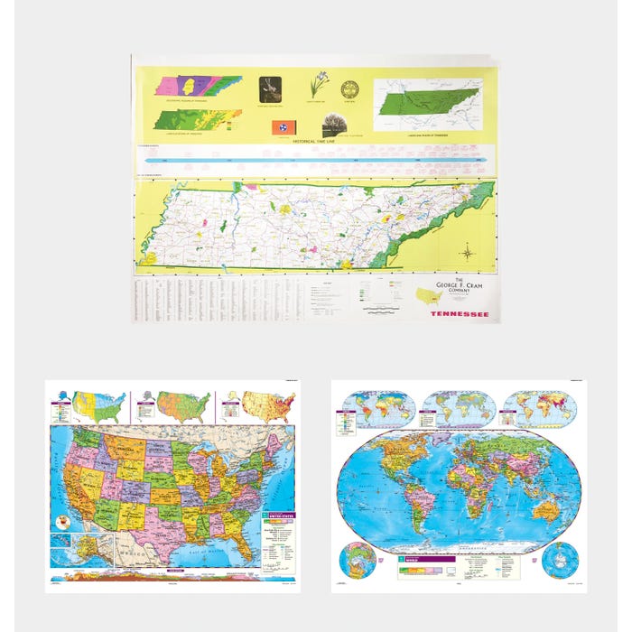 Social Studies TENNESSEE/U.S./WORLD MAP COMBO, Markable, Erasable, Grades 4-12