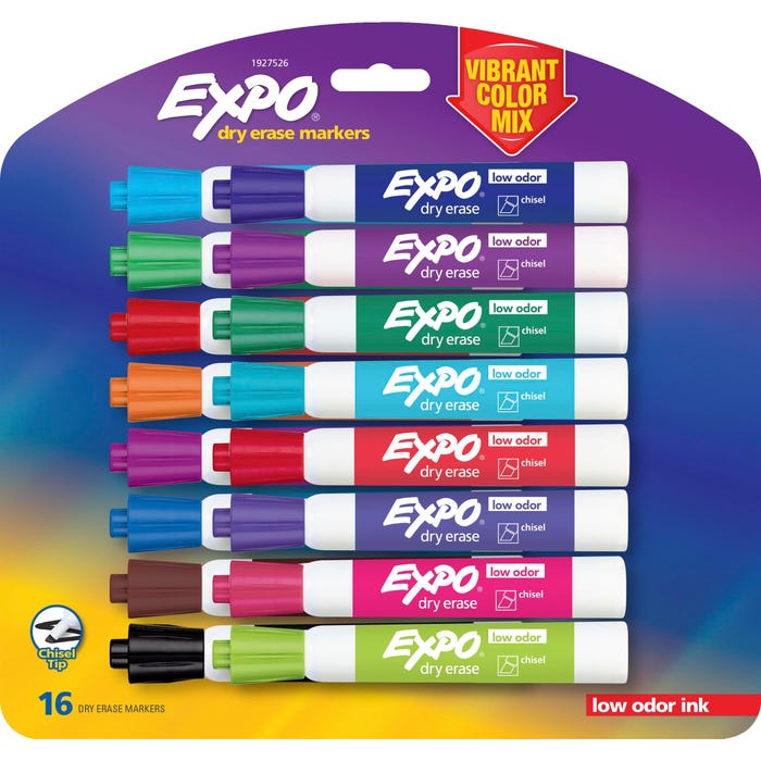 EXPO Low Odor Dry Erase Markers, Chisel Tip, Assorted Vibrant Colors, Pack of 16