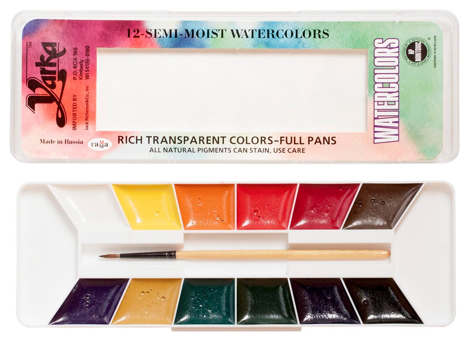 Yarka Non-Toxic Semi-Moist Students Watercolor Paint Set with Brush, Plastic Full Pan, 12 Assorted Brilliant Colors 241575