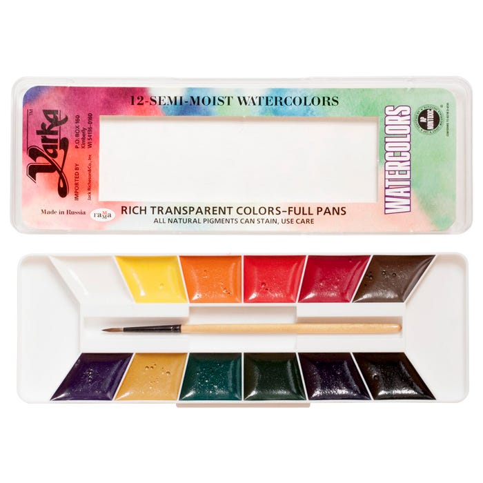Yarka Non-Toxic Semi-Moist Students Watercolor Paint Set with Brush, Plastic Full Pan, 12 Assorted Brilliant Colors