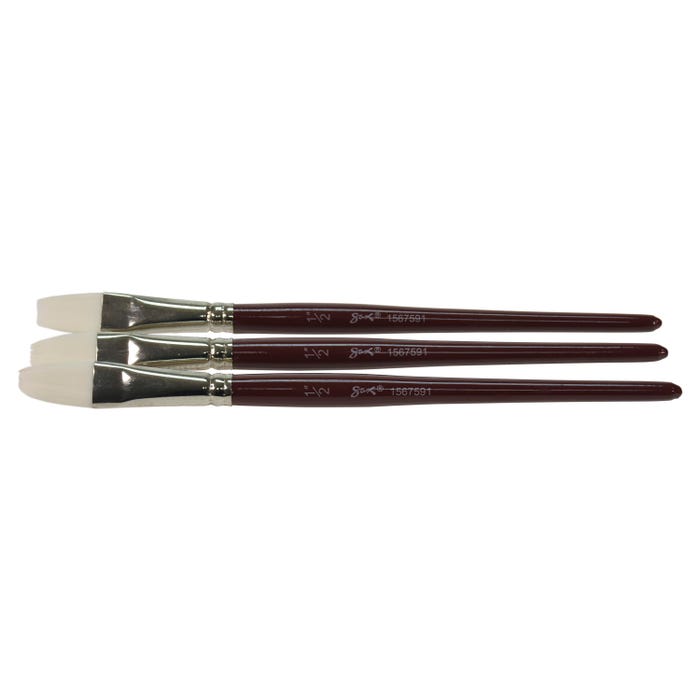 Sax Optimum White Synthetic Taklon Paint Brushes, Flat Type, Short Handle, 1/2 Inch, Set of 3