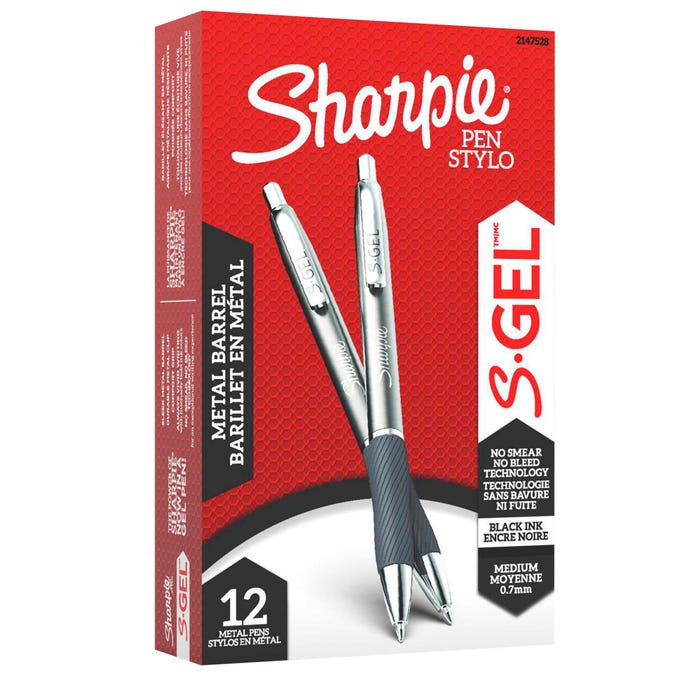 Sharpie S-Gel Pens, Medium Point, 0.7mm, Metal Barrel, Black, Pack of 12