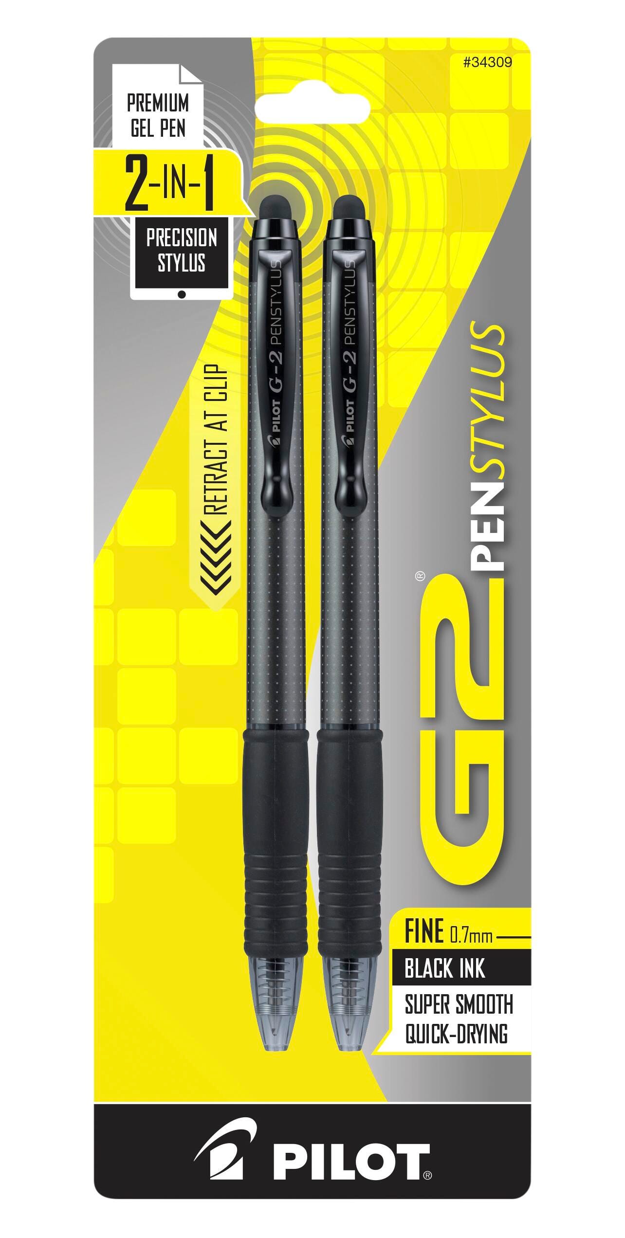 Pilot G2 PenStylus Retractable Gel Ink Pen & Stylus, Fine Point, Black Ink, Grey Barrel, Pack of 2 2131049