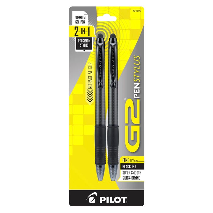 Pilot G2 PenStylus Retractable Gel Ink Pen & Stylus, Fine Point, Black Ink, Grey Barrel, Pack of 2