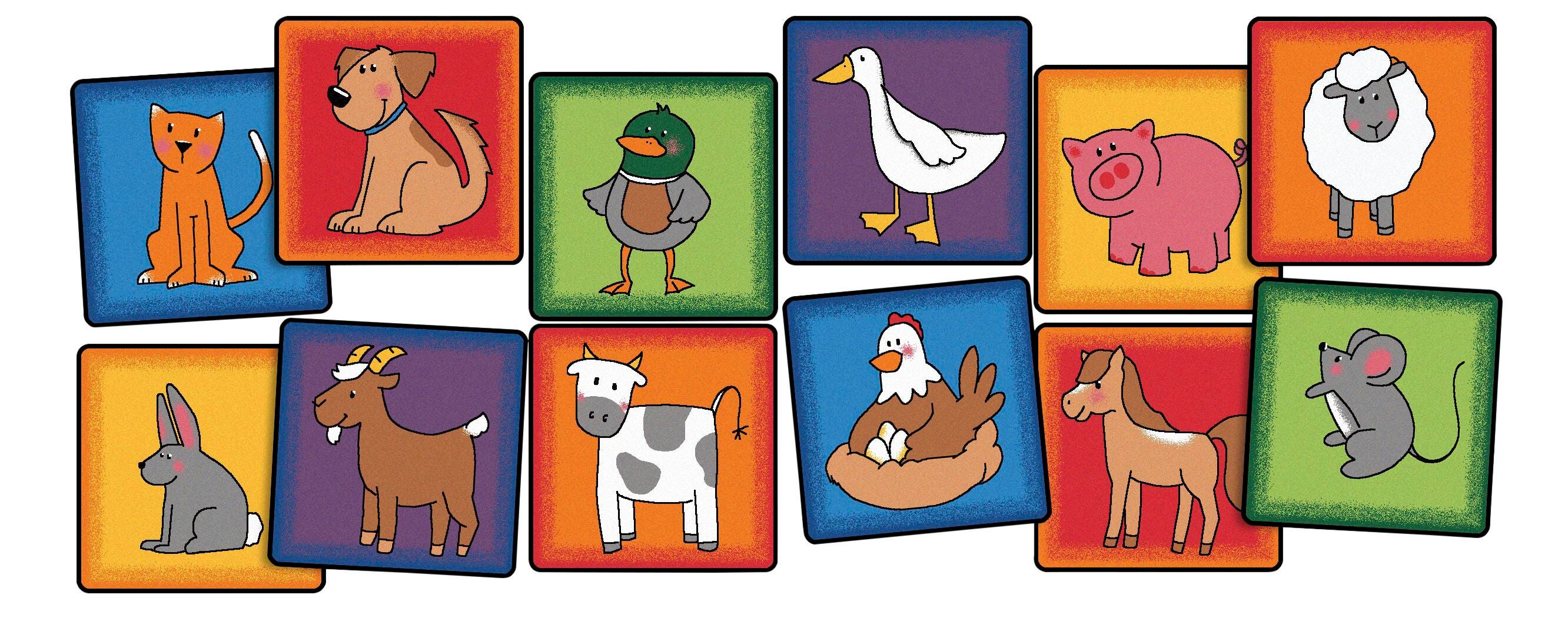 Carpets for Kids KID$Value PLUS Farm Animals Seating Squares, 16 x 16 Inches, Set of 12, Multicolored, Item Number 2102583