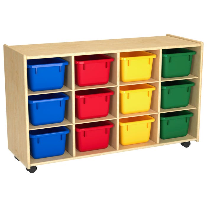 Childcraft Mobile Cubby Unit with Locking Casters, 12 Primary-Color Bins, 38-5/16 x 14-1/4 x 24 Inches