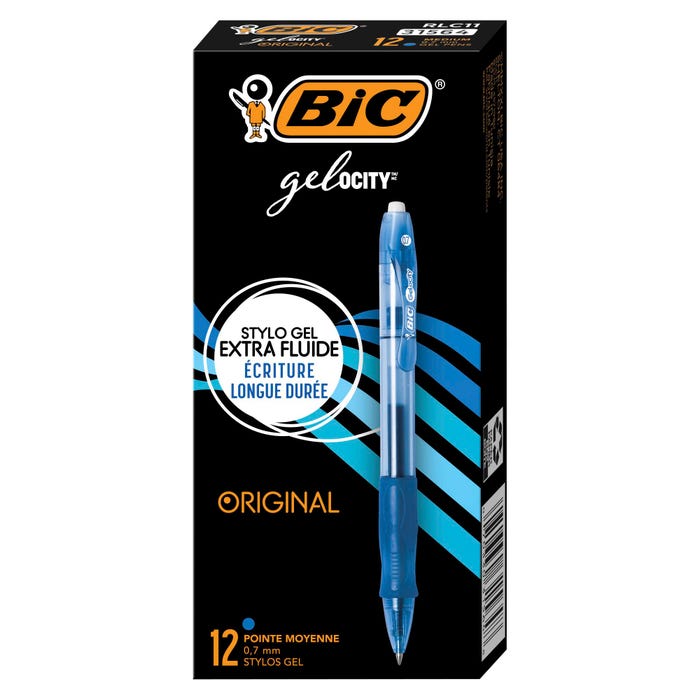 BIC Gel-ocity Retractable Gel Pens, 0.7mm, Medium Point, Blue, Pack of 12