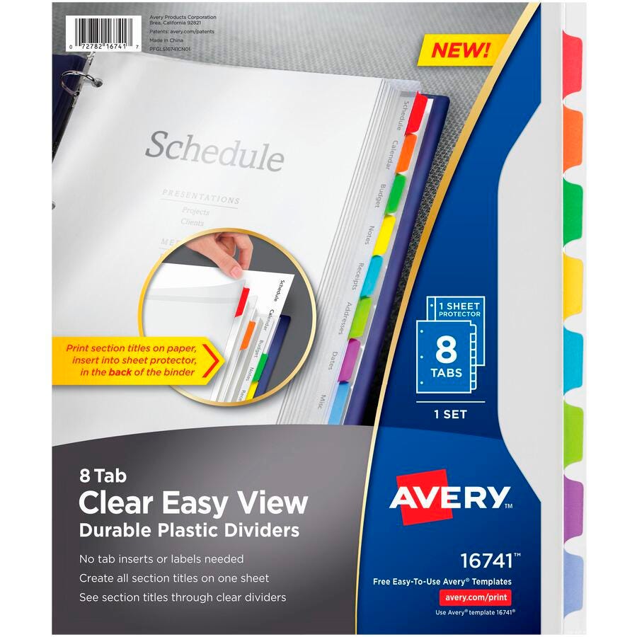 Avery Clear View Plastic Dividers with Colored Tabs and Sheet Protector, 8-Tab, Item 2021511