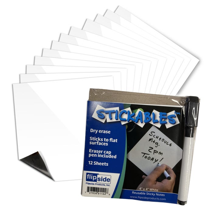 Flipside White Dry Erase Stickables with Dry Erase Marker, 4 x 4 Inches, Pack of 24
