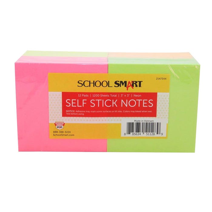 School Smart Removable Self-Stick Adhesive Notes, 3 x 3 Inches, Assorted Neon Colors, 100 Sheets, Pack of 12