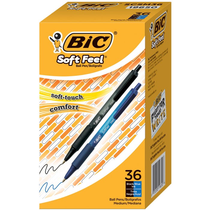 BIC Soft Feel Retractable Pen, 1.0 mm Medium Tip, Black and Blue, Set of 36