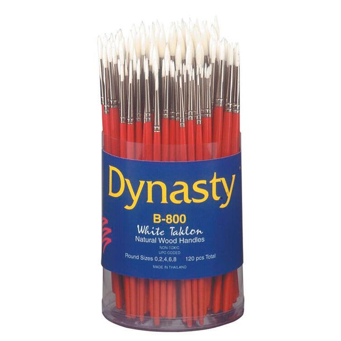 Dynasty B-800 Cylinder White Taklon Short Wood Handle Paint Brush Set, Assorted Size, Natural, Set of 120