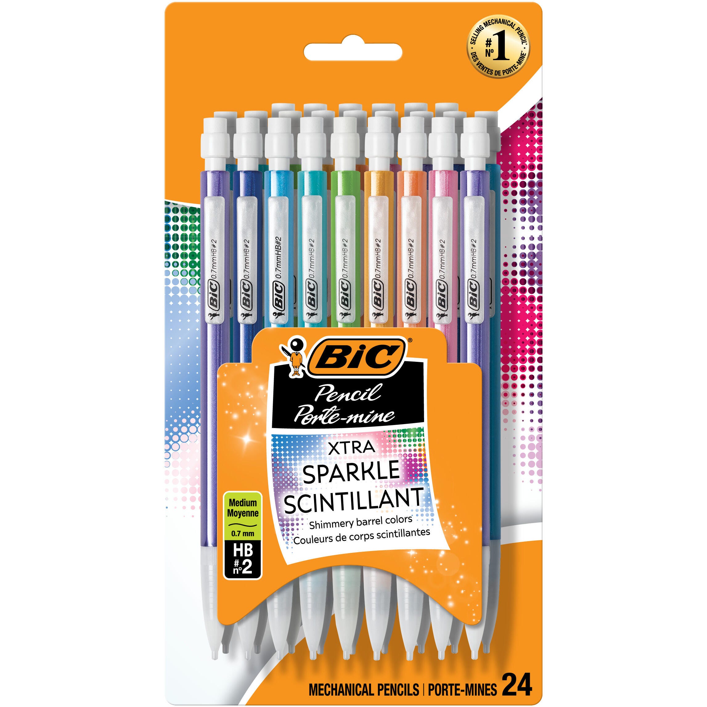 BIC Xtra Sparkle Mechanical Pencils, 0.7mm, No 2 HB, Assorted Barrel Colors, Pack of 24 089054