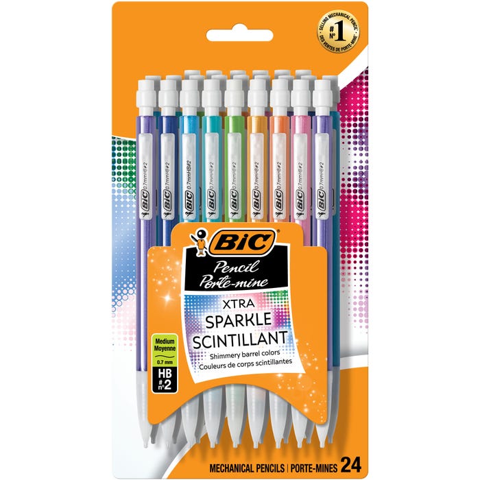 BIC Xtra Sparkle Mechanical Pencils, 0.7mm, No 2 HB, Assorted Barrel Colors, Pack of 24
