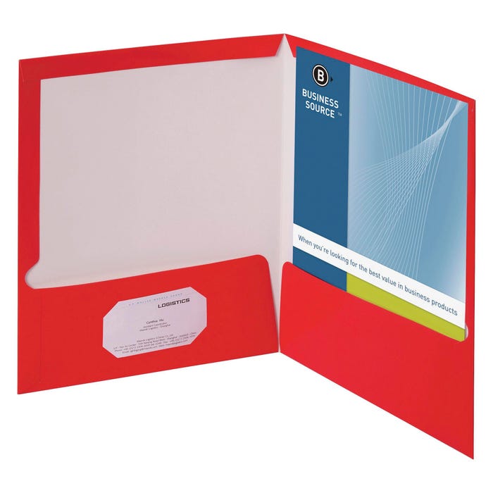 Business Source 2-Pocket Laminated Folder, 100 Sheet Capacity, Red, Pack of 25